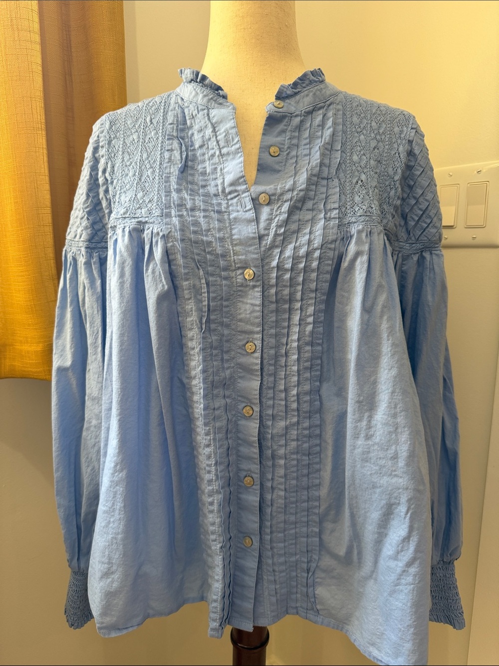 Light Blue Button-Front Pintuck & Smocked Women's Blouse